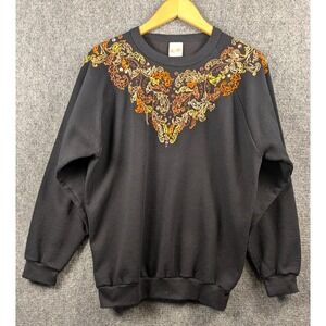 Vintage Alore‎ Womens Black Embroidered Jeweled Floral Sweatshirt USA Made L